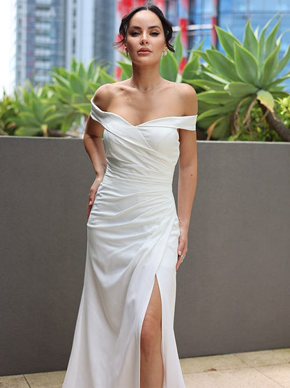 Stretch Crepe Ruched Off-the-Shoulder Sleeveless Sweep/Brush Train Wedding Dresses