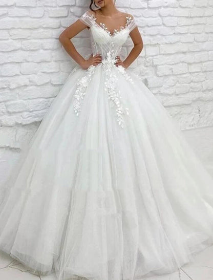 Formal Wedding Dresses Ball Gown V Neck Cap Sleeve Chapel Train Lace Bridal Gowns