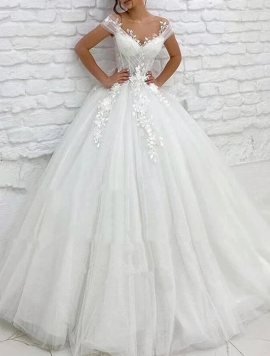 Formal Wedding Dresses Ball Gown V Neck Cap Sleeve Chapel Train Lace Bridal Gowns