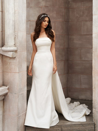 Stretch Crepe Ruched Strapless Sleeveless Court Train Wedding Dresses