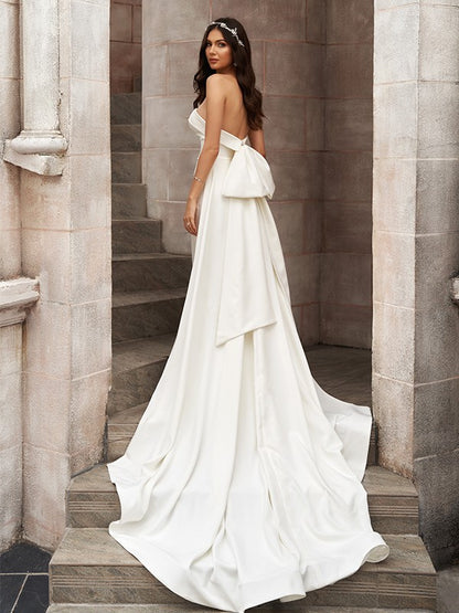 Stretch Crepe Ruched Strapless Sleeveless Court Train Wedding Dresses