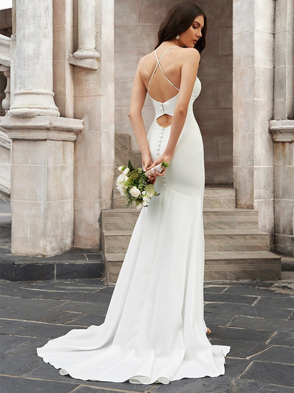 Scoop Ruched Stretch Crepe Sleeveless Sweep/Brush Train Wedding Dresses