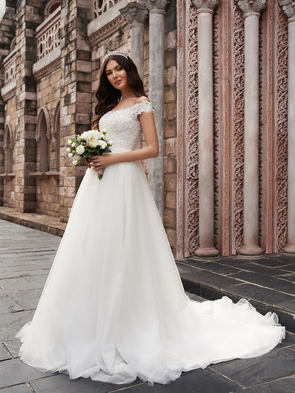 Applique Off-the-Shoulder Sleeveless Tulle Chapel Train Wedding Dresses