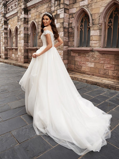 Applique Off-the-Shoulder Sleeveless Tulle Chapel Train Wedding Dresses