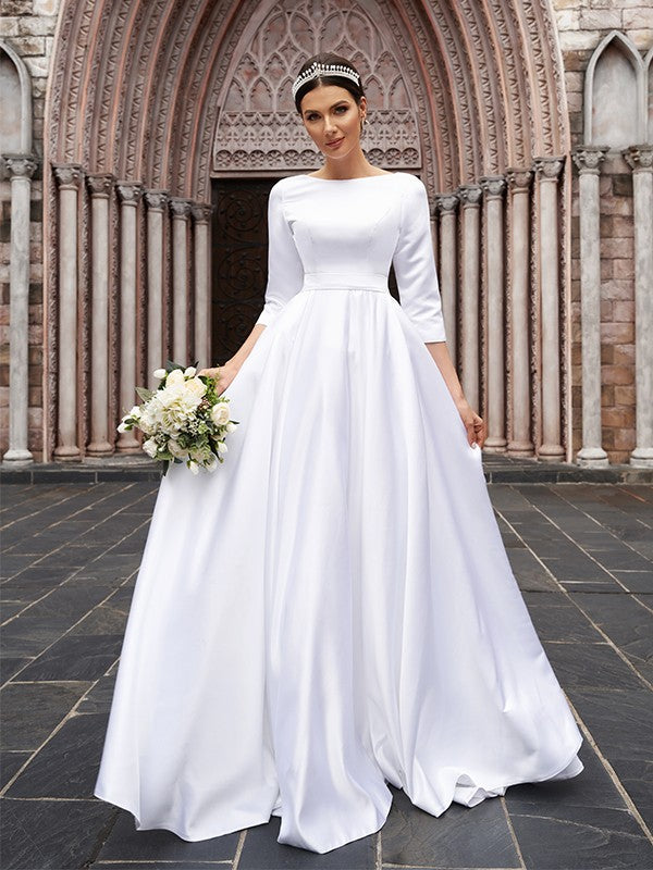 Satin Bowknot Bateau 3/4 Sleeves Sweep/Brush Train Wedding Dresses