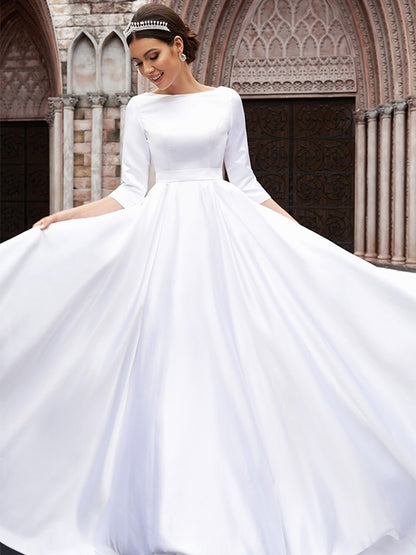 Satin Bowknot Bateau 3/4 Sleeves Sweep/Brush Train Wedding Dresses