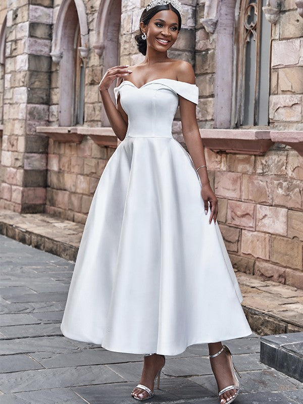 Satin Ruffles Off-the-Shoulder Sleeveless Ankle-Length Wedding Dresses