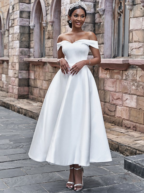 Satin Ruffles Off-the-Shoulder Sleeveless Ankle-Length Wedding Dresses