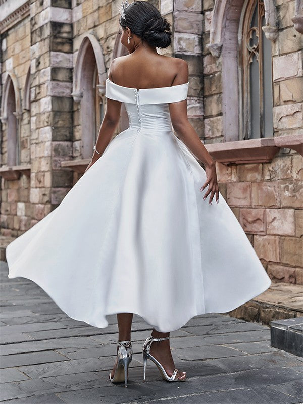 Satin Ruffles Off-the-Shoulder Sleeveless Ankle-Length Wedding Dresses