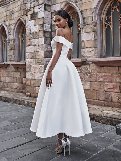 Satin Ruffles Off-the-Shoulder Sleeveless Ankle-Length Wedding Dresses