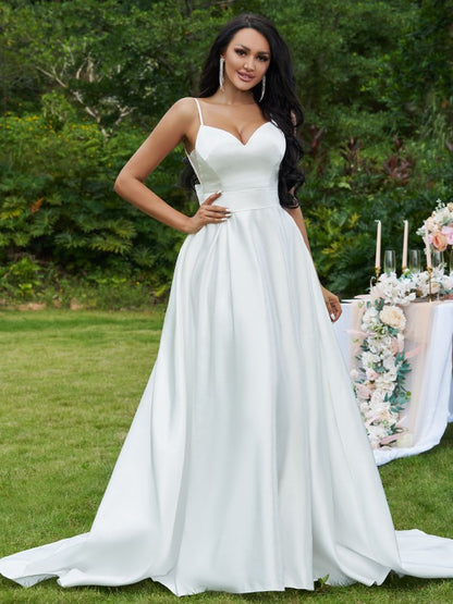 Satin Bowknot V-neck Sleeveless Sweep/Brush Train Wedding Dresses