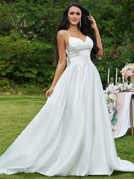 Satin Bowknot V-neck Sleeveless Sweep/Brush Train Wedding Dresses