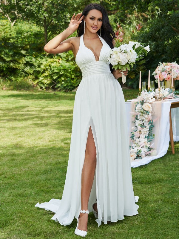 Chiffon Ruffles Halter Sleeveless Sweep/Brush Train Wedding Dresses