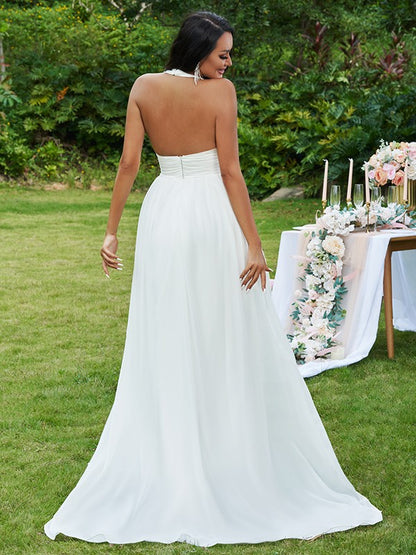 Chiffon Ruffles Halter Sleeveless Sweep/Brush Train Wedding Dresses