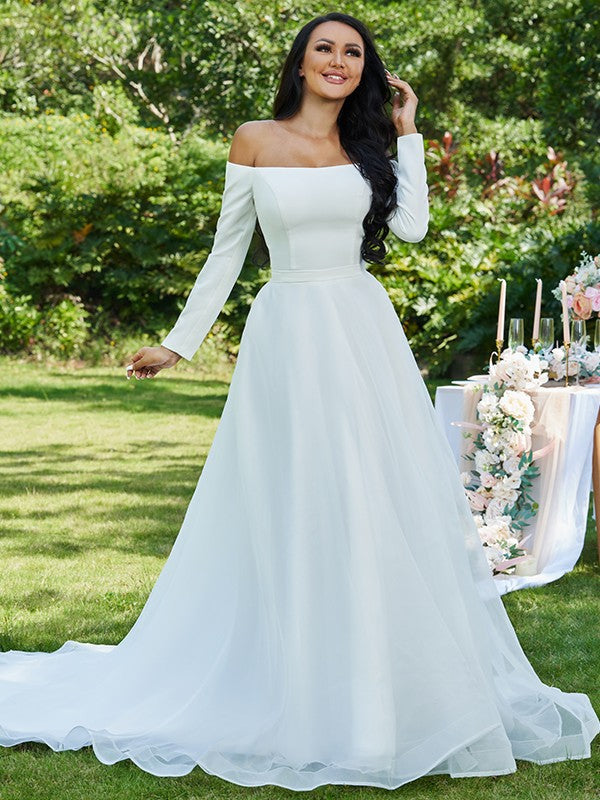 Tulle Ruffles Off-the-Shoulder Long Sleeves Sweep/Brush Train Wedding Dresses