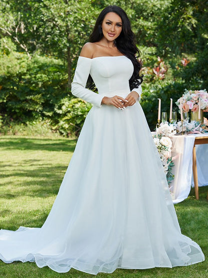 Tulle Ruffles Off-the-Shoulder Long Sleeves Sweep/Brush Train Wedding Dresses