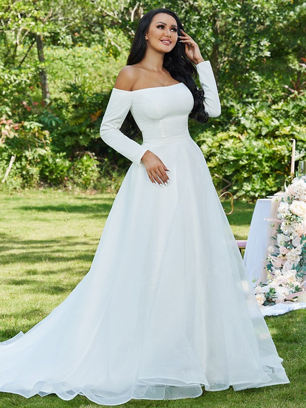 Tulle Ruffles Off-the-Shoulder Long Sleeves Sweep/Brush Train Wedding Dresses