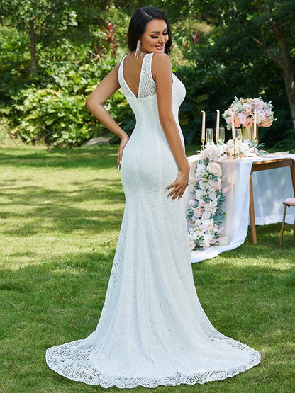 Lace Ruffles Scoop Sleeveless Sweep/Brush Train Wedding Dresses