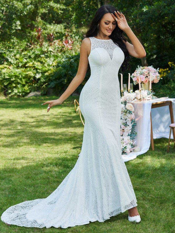 Lace Ruffles Scoop Sleeveless Sweep/Brush Train Wedding Dresses