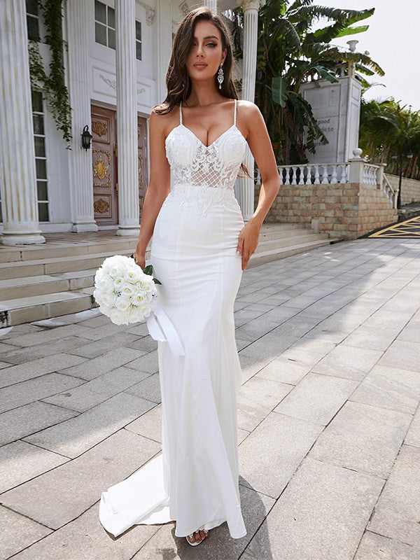 Stretch Crepe Lace V-neck Sleeveless Sweep/Brush Train Wedding Dresses