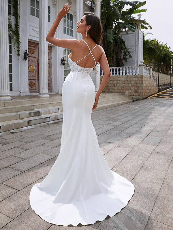 Stretch Crepe Lace V-neck Sleeveless Sweep/Brush Train Wedding Dresses