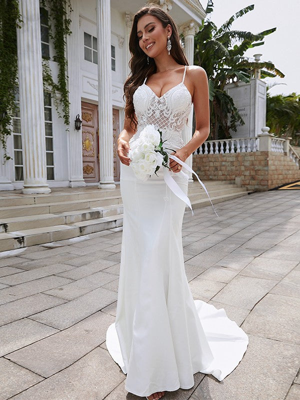 Stretch Crepe Lace V-neck Sleeveless Sweep/Brush Train Wedding Dresses