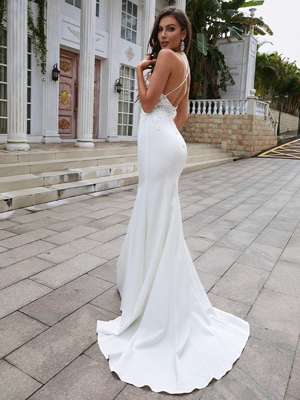 Stretch Crepe Lace V-neck Sleeveless Sweep/Brush Train Wedding Dresses