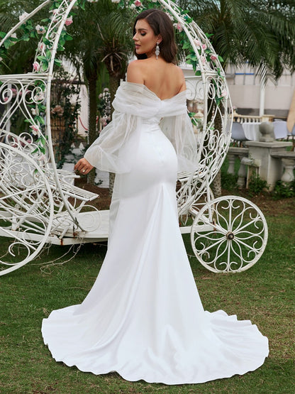 Crepe Ruched Off-the-Shoulder Long Sleeves Sweep/Brush Train Wedding Dresses