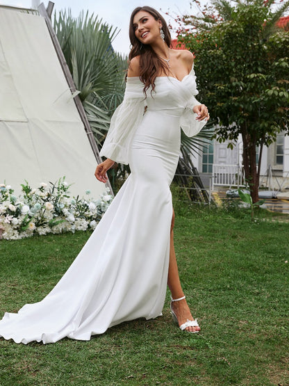 Crepe Ruched Off-the-Shoulder Long Sleeves Sweep/Brush Train Wedding Dresses