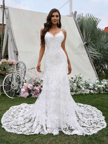 Lace V-neck Sleeveless Sweep/Brush Train Wedding Dresses