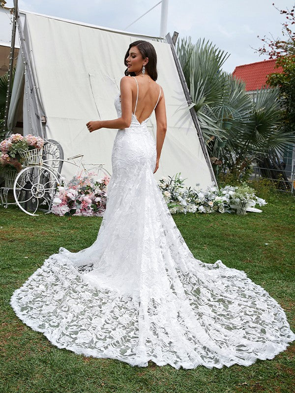 Lace V-neck Sleeveless Sweep/Brush Train Wedding Dresses