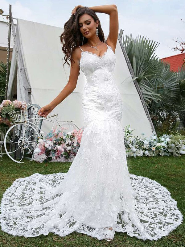 Lace V-neck Sleeveless Sweep/Brush Train Wedding Dresses