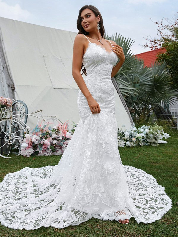 Lace V-neck Sleeveless Sweep/Brush Train Wedding Dresses