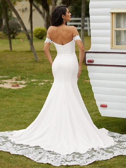 Stretch Crepe Lace Off-the-Shoulder Sleeveless Cathedral Train Wedding Dresses