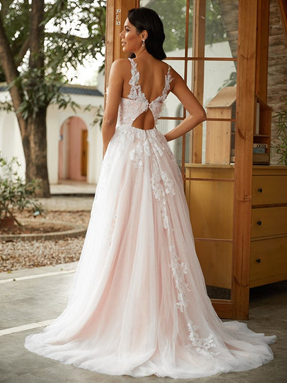 Tulle Applique Scoop Sleeveless Sweep/Brush Train Wedding Dresses