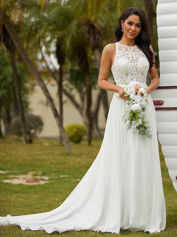 Chiffon Lace Scoop Sleeveless Sweep/Brush Train Wedding Dresses