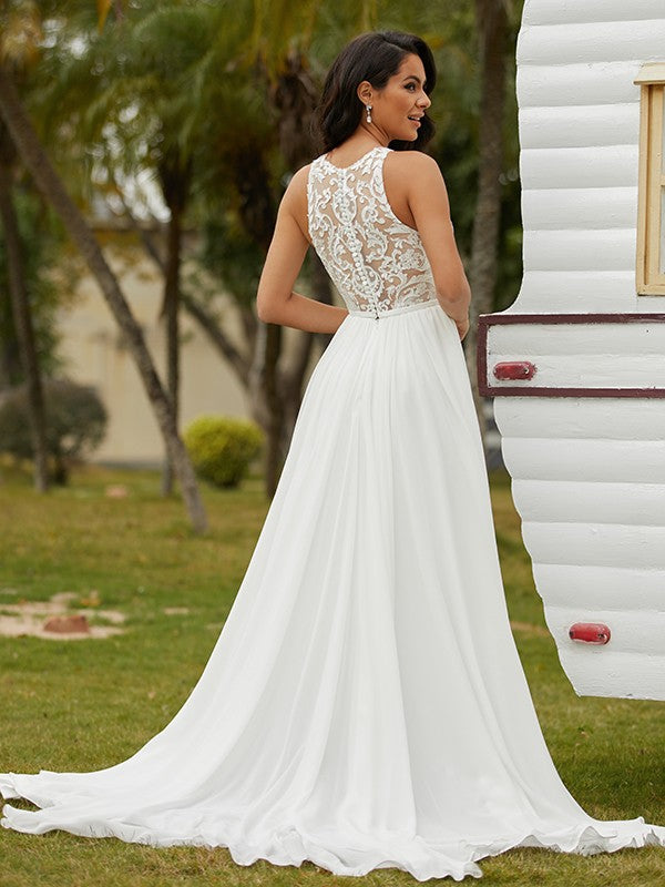 Chiffon Lace Scoop Sleeveless Sweep/Brush Train Wedding Dresses