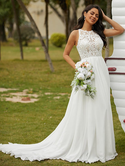 Chiffon Lace Scoop Sleeveless Sweep/Brush Train Wedding Dresses