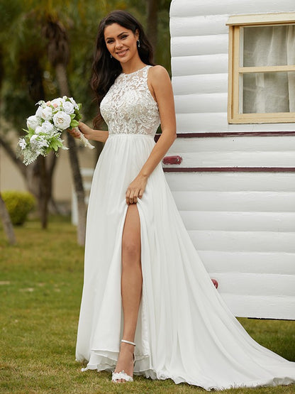 Chiffon Lace Scoop Sleeveless Sweep/Brush Train Wedding Dresses