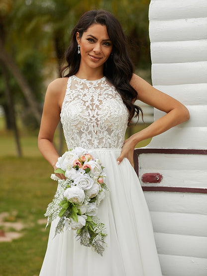 Chiffon Lace Scoop Sleeveless Sweep/Brush Train Wedding Dresses