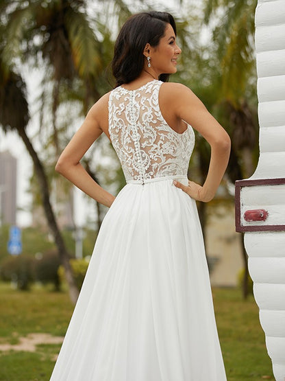 Chiffon Lace Scoop Sleeveless Sweep/Brush Train Wedding Dresses