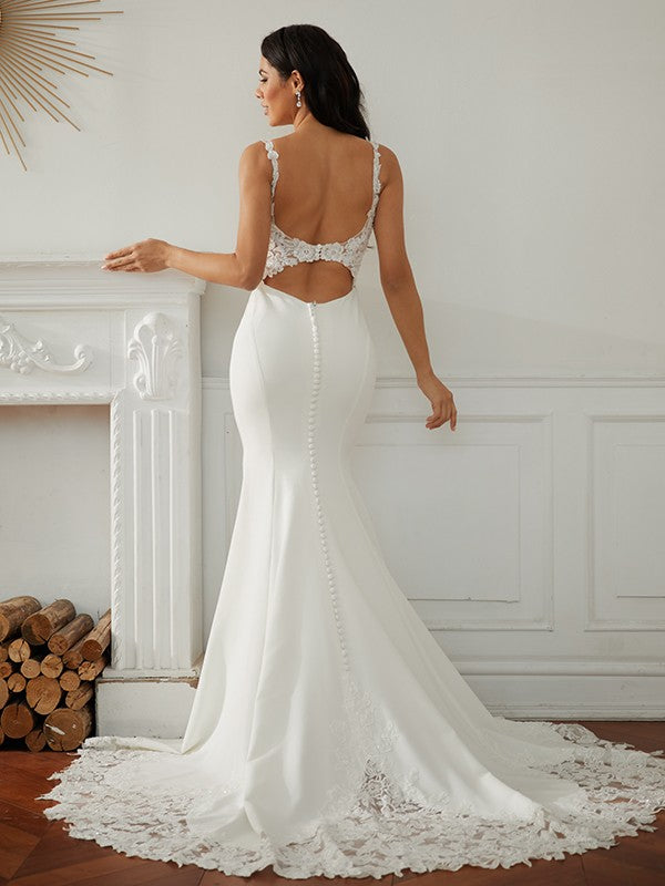 Stretch Crepe Lace V-neck Sleeveless Sweep/Brush Train Wedding Dresses