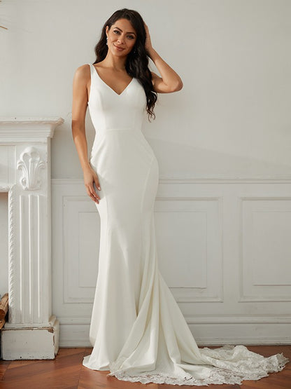 Stretch Crepe Lace V-neck Sleeveless Sweep/Brush Train Wedding Dresses