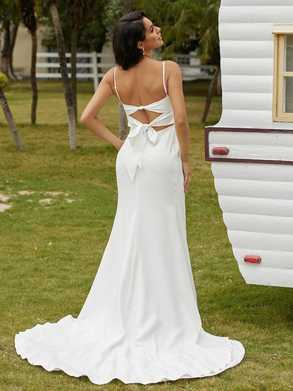 Stretch Crepe Ruched Spaghetti Straps Sleeveless Sweep/Brush Train Wedding Dresses