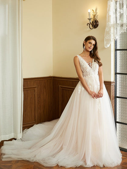 Tulle Applique V-neck Sleeveless Cathedral Train Wedding Dresses