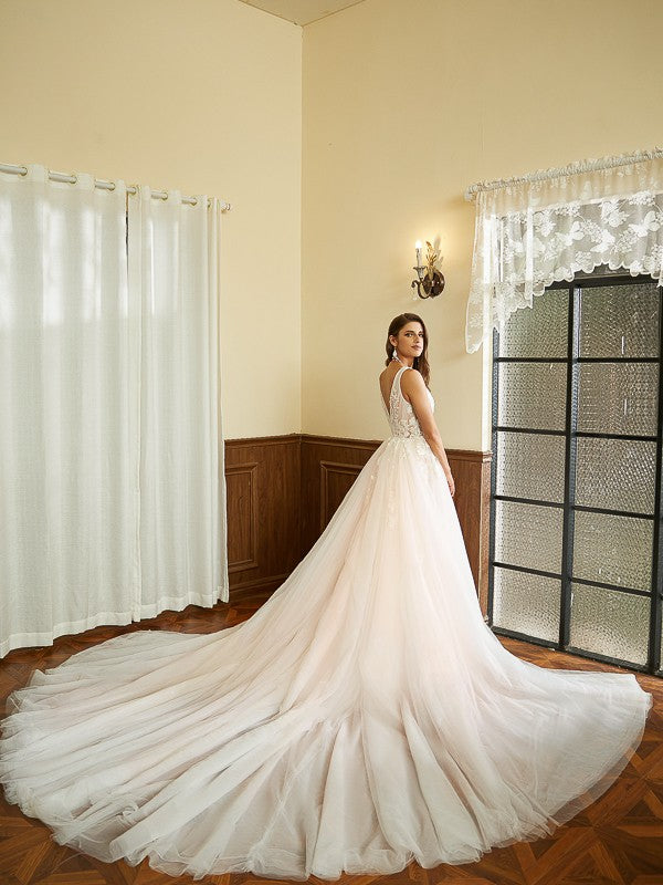 Tulle Applique V-neck Sleeveless Cathedral Train Wedding Dresses