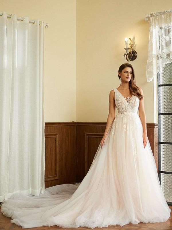 Tulle Applique V-neck Sleeveless Cathedral Train Wedding Dresses