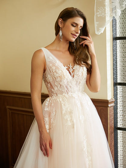 Tulle Applique V-neck Sleeveless Cathedral Train Wedding Dresses