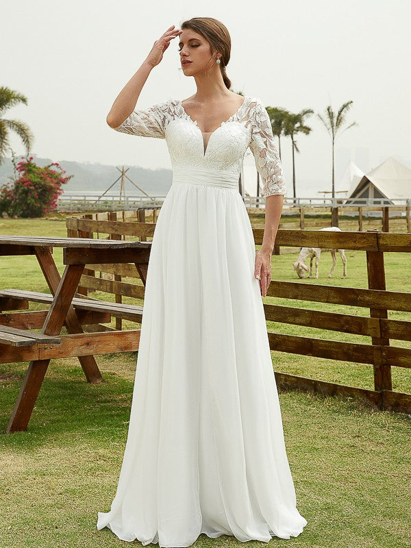 Chiffon Lace V-neck 1/2 Sleeves Floor-Length Wedding Dresses