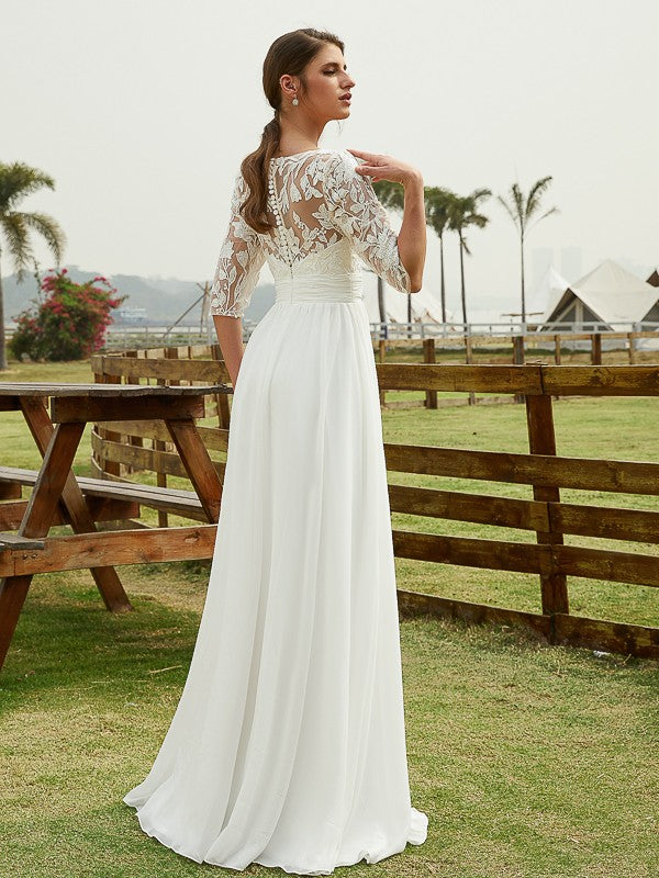 Chiffon Lace V-neck 1/2 Sleeves Floor-Length Wedding Dresses